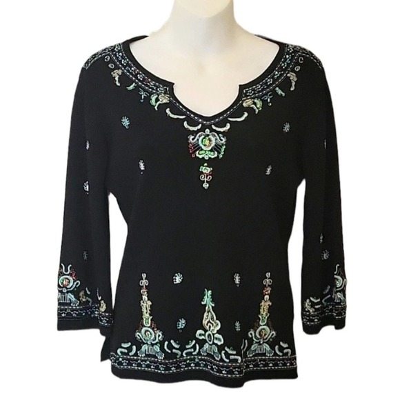 Vintage Joseph A. Petite blouse black embroidery 3/4 sleeve Women's M - Picture 1 of 9